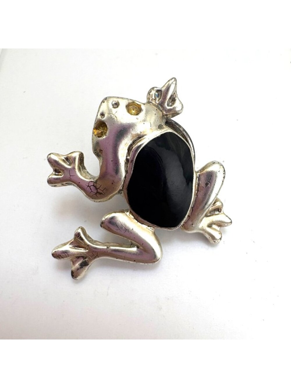 Frog Pendant VTG Silver Tone Black Enamel Inlay Size 1" Length